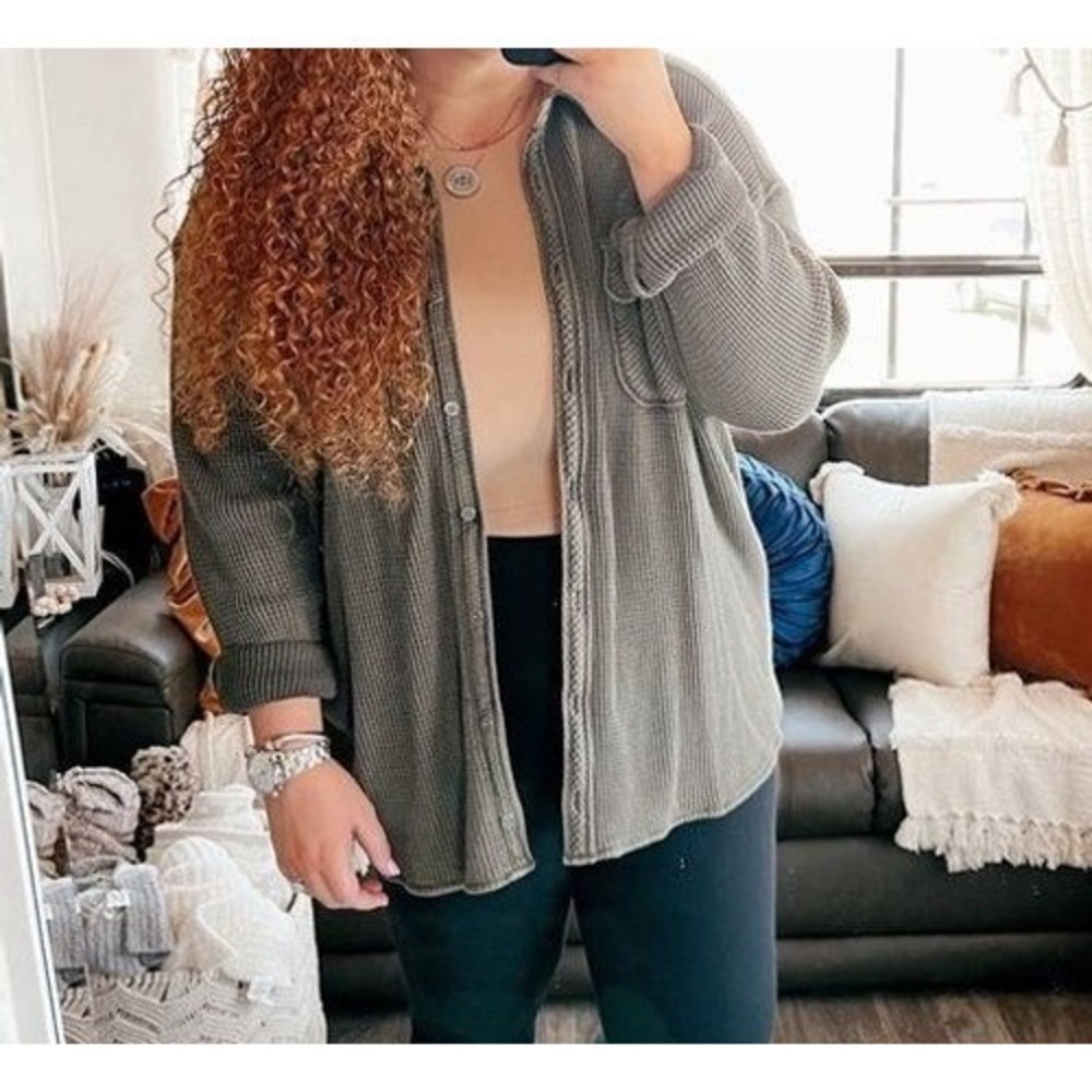 Aerie Lumberjane Waffle Knit Button Up Shirt Oversized Cozy Utility Top‎ Small